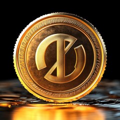 Close-up of a gleaming gold coin with an embossed abstract emblem standing on a reflective stack of coins, warm dramatic glow and opulent mood