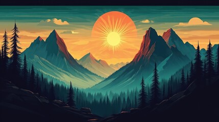 Vibrant sunrise over layered mountain peaks and pine forest, golden sun rays across a misty valley creating a serene majestic and dramatic atmosphere