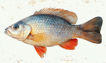 detailed realistic watercolor of a single freshwater fish in profile with shimmering blue-silver scales, bright orange-red fins and a textured light background, calm and natural