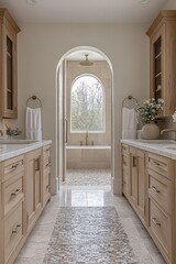 symmetrical spa-like bathroom with dual oak vanities, marble countertops, mosaic tile runner, arched doorway leading to tiled bathtub alcove with arched window and rainfall shower, serene light