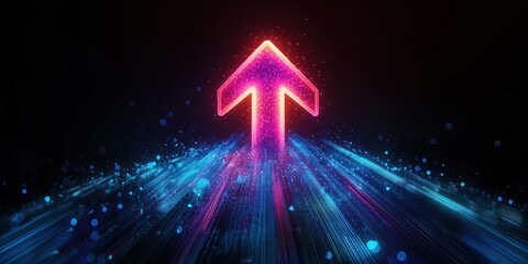 Vibrant neon upward arrow glowing pink and purple above streaks of blue light and particle trails, conveying dynamic motion, energy, progress and futuristic optimism