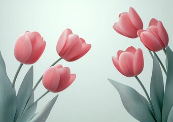 Delicate pink tulips with soft teal leaves on a pale background, minimal composition conveying calm gentle serenity
