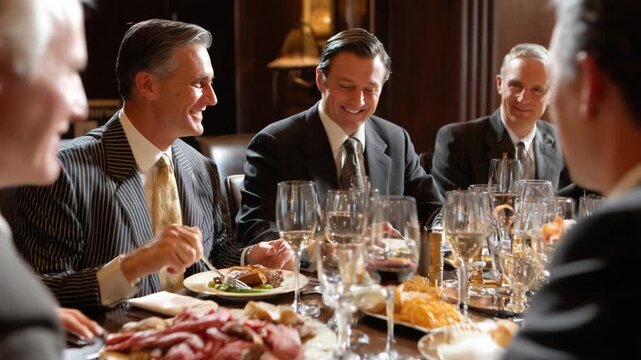 Business Dinner: A candid glimpse of professionals engaged in animated conversation over a formal dinner setting, the image evokes a sense of refined business etiquette and camaraderie.