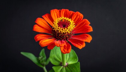 Vibrant orange zinnia flower, detailed close-up on dark background