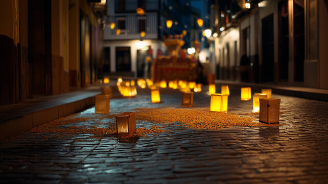 Atmospheric night scene of the Three Kings Parade in a Spanish town. Golden paper lanterns glow on a cobblestone street as an illuminated festive float passes through a historic narrow alleyway.