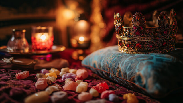 Ornate golden crown resting on a velvet cushion surrounded by traditional sweets and candies, inspired by the Cavalcade of the Magi (Cabalgata de Reyes). 