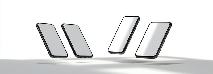 four sleek black smartphones with blank white screens floating above a white surface casting soft shadows in a minimal futuristic calm scene