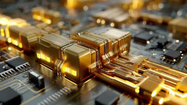 Golden Circuitry: A close-up view of a complex circuit board, gleaming with golden accents, suggesting advanced technology and intricate engineering.