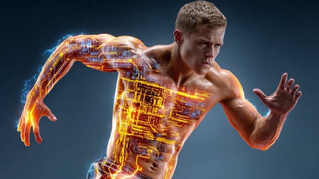 Energy Surge: An illustration of a determined athlete, with his body transforming into a network of circuits, embodies the fusion of human potential with cutting-edge technology. 