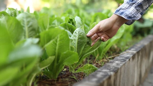 Hand flipping lettuce leaves to inspect for pests