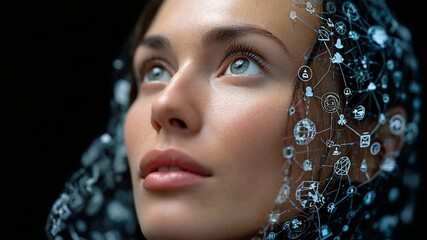 Digital Veil of Innovation: A woman's portrait, veiled in a mesmerizing pattern of interconnected digital icons, gazing upwards, evoking a sense of visionary insight, connected in the digital world.
