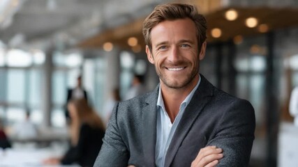 Confident Executive: A successful businessman, radiating confidence and approachability in a modern office environment. Embodying professionalism and a friendly demeanor.