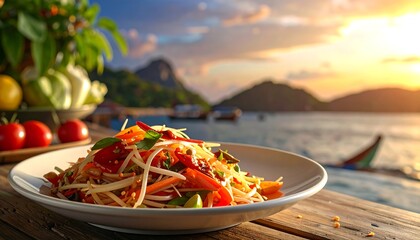 Vibrant papaya salad on a plate at sunset
