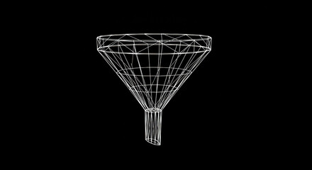 Abstract Wireframe Funnel Against Black Background Simple Geometric Shape Futuristic Technology Concept Data Sorting Flow Management Analysis Tool