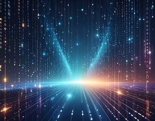 Digital data streams converging toward light in a futuristic landscape