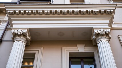 entablature. Classical architecture cornice featuring conical guttae details under soft window light. real-estate listings.