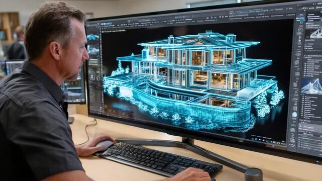 Architect's Digital Vision: An architect meticulously examines a detailed 3D rendering of a building project on a large computer screen, immersed in the digital design process.