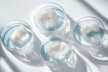 overhead view of four clear glass petri dishes with pale blue liquid and soft white foam samples casting gentle shadows in a clean clinical serene composition