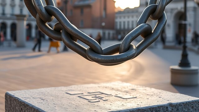 tennessine. Broken chain sculpture in a public square during morning light, symbolizing freedom. event programs, museum guides, designed for cultural heritage projects and event programs.