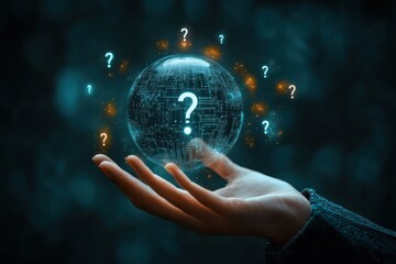 outstretched human hand holding a glowing digital globe with circuit patterns surrounded by floating question marks, evoking curiosity and uncertainty