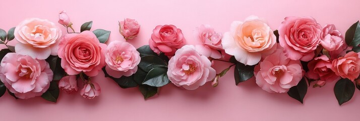 row of pink roses and camellia blossoms with glossy green leaves on a soft pink background, evoking a romantic, delicate and elegant mood