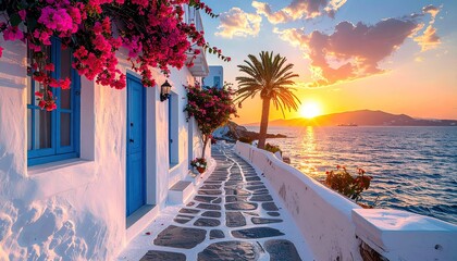 Beautiful sunset view from a traditional white mediterranean coastal street with flowers