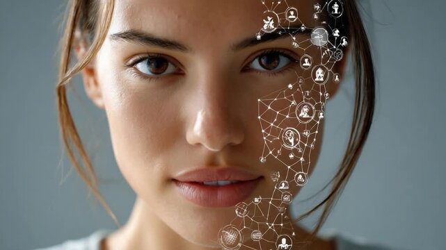 Digital Portrait: An attractive young woman whose face is integrated with a network of digital connections, representing modern technology and social interaction.