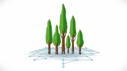 smart forest network concept with low poly trees connected by digital grid on white background illustrating iot sustainability data
