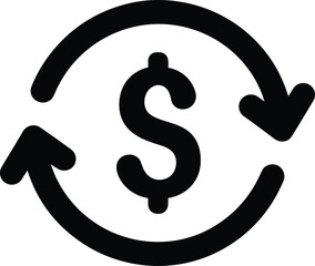 Dollar sign circulation icon set, black silhouette illustration of financial flow, currency exchange, and automated transaction concept graphic