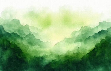 soft green watercolor mountain valley shrouded in mist with glowing light and tranquil atmosphere