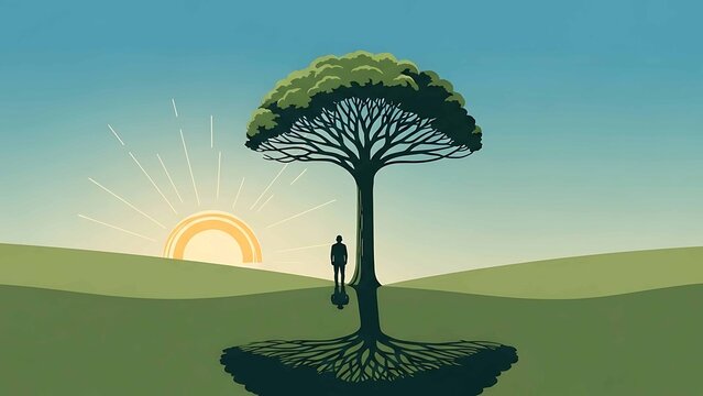 solitary person standing under symbolic tree with deep roots at sunrise on rolling hills representing mindfulness growth and hope - Powered by Adobe