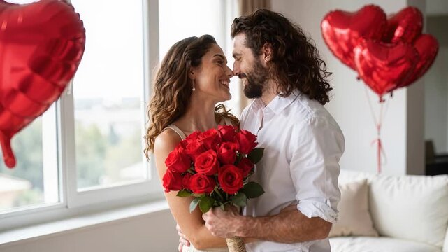 man and woman, holding red roses, embrace near window with heart-shaped balloons, conveying happiness and affection, in domestic home setting, Valentines Day, joyful love, romantic celebration