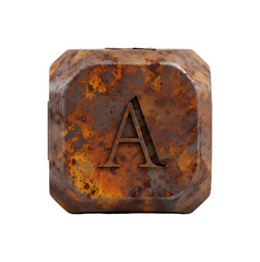 錆びた文字Aの金属ブロックが目立つ