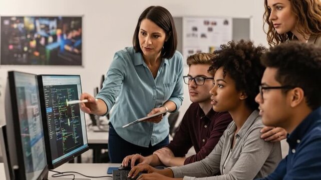 Lecturer advising diverse college students working on project.