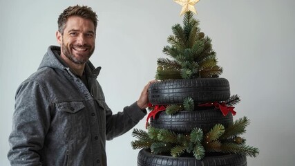 man smiles beside tire Christmas tree with green foliage, red ribbons, and white lights, golden star atop, in holiday setting., joyful celebration, creative reuse, festive spirit, DIY dcor, Christmas