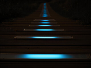Wooden stairs illuminated by blue lights at night image