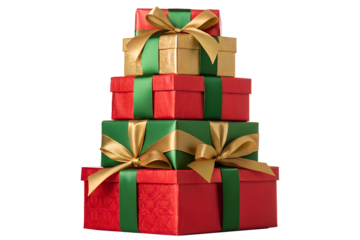 Red Christmas gift boxes wrapped with ribbon and bow isolated on white background for holiday celebrations