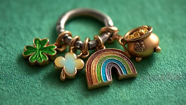 A charming keychain featuring a pot of gold rainbow and lucky clover charms