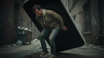 A man attempts to lift an enormous smartphone in a narrow alley. The setting is dim and gritty. His effort highlights the absurdity of technology in daily life