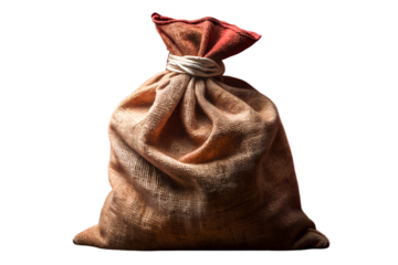 Brown sack bag filled with money isolated on white background