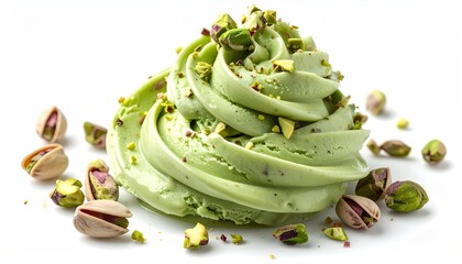 Fresh swirled pistachio cream dessert with scattered nuts on a white background