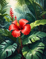 Vibrant red hibiscus in lush tropical foliage