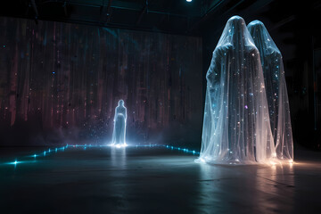 Silver ghost holographic light field in dark background