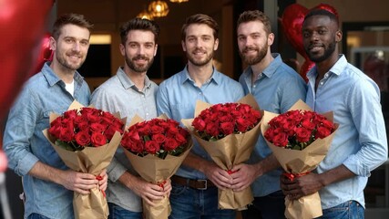 Five men in casual attire hold red roses, smiling for photo against urban backdrop with balloons, joyful, celebratory., romantic gesture, friendship, connection, celebration., Valentine's Day