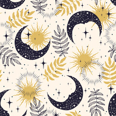 Hand drawn vector abstract retro graphic illustration with bohemian magic art seamless pattern of leaves, stars and crescent moon. Simple style