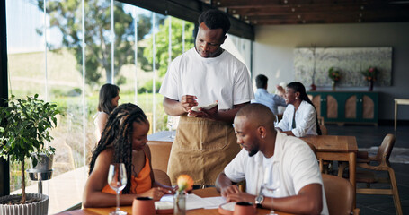Writing, order and waiter with couple, menu or customer service with notepad, choice and restaurant. Fine dining, server and person with journal for meal options, notes or info for decision in diner