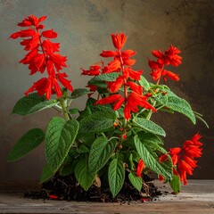 Vibrant red salvia blossoms atop dark soil