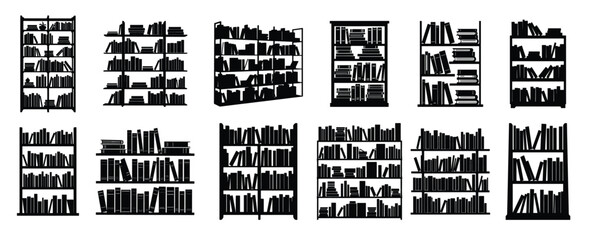 Collection of black silhouette bookshelves filled with books © ctaak