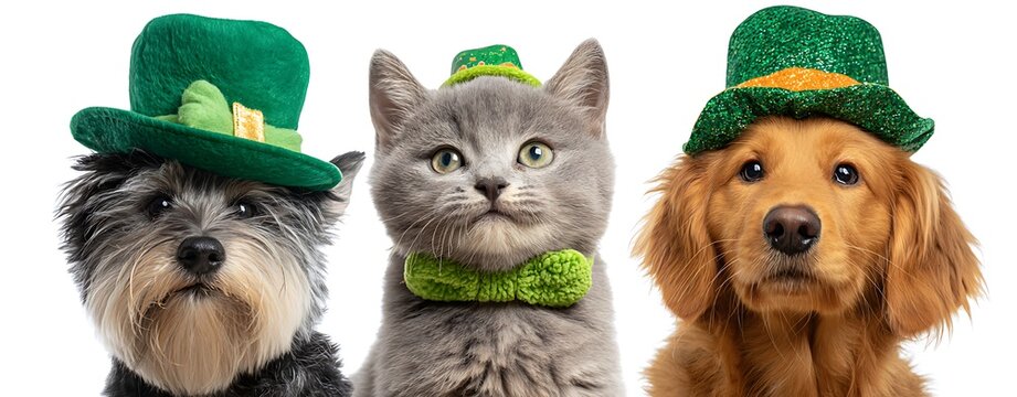 Adorable pets a dog cat and terrier celebrate st patrick s day