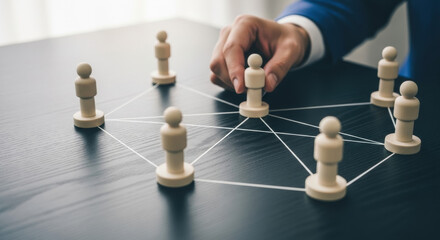 Close-up of a hand in a blue suit arranging wooden figurines in a network pattern on a dark desk, symbolizing business strategy and connections.